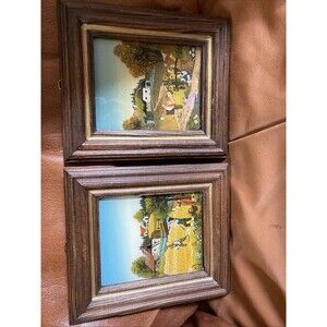 2 Reverse painting on glass vintage Ulrike Platzer Country Shepard Farm Framed